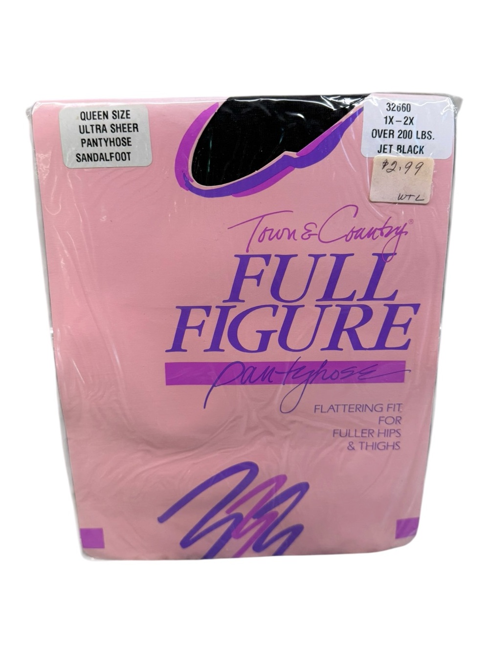 Town & Country Full Figure Ultra Sheer Pantyhose 1X-2X Jet Black 100% Nylon NOS